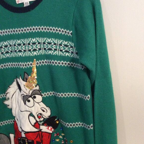Ugly Christmas Sweater Angry Unicorn Medium M green Jolly stretch - Picture 5 of 5